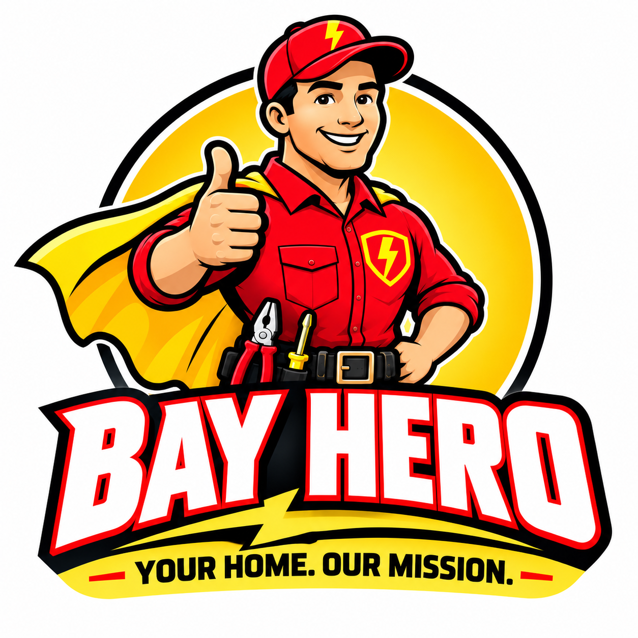 Bay Hero's smiling red-and-yellow home service mascot with pliers and a screwdriver