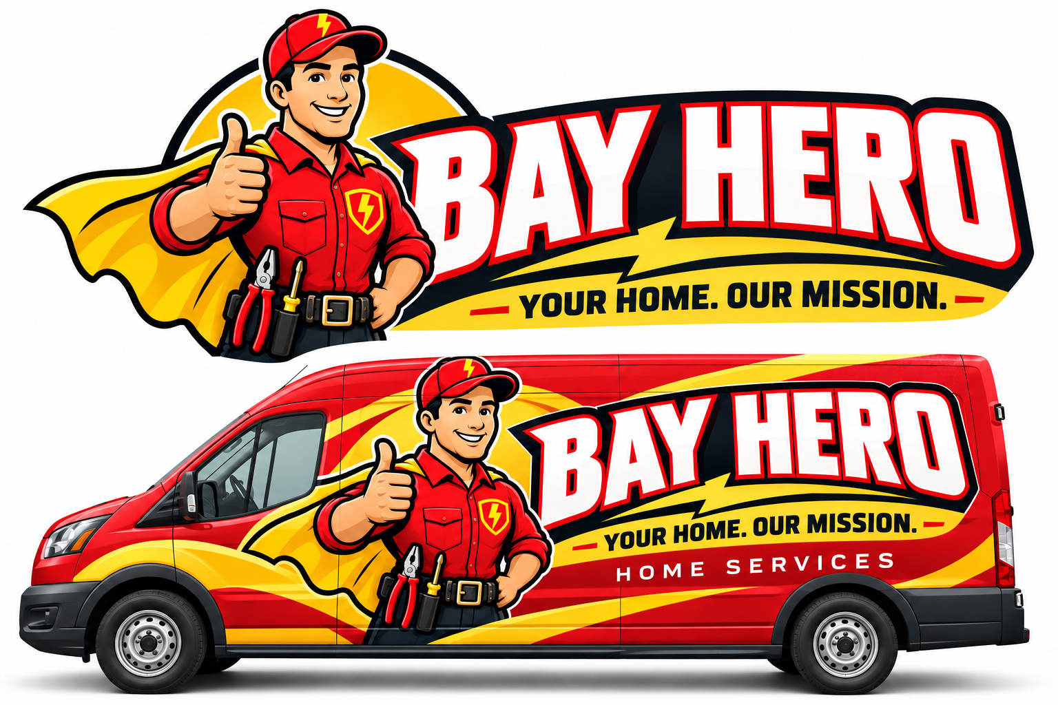 Bay Hero red and yellow logo and service van branding concept